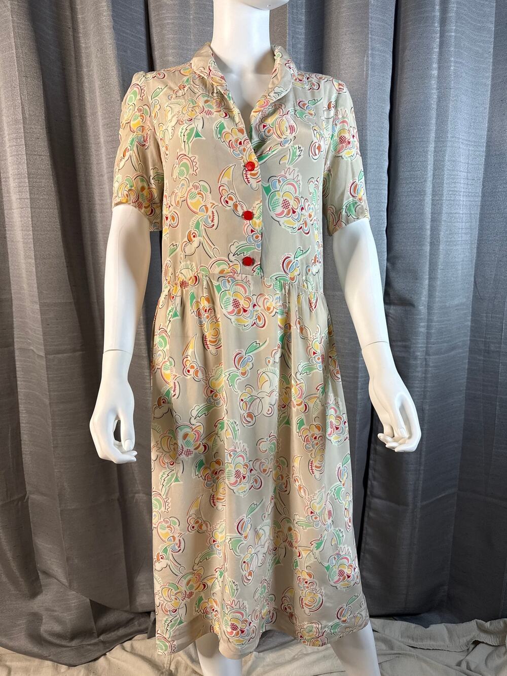Vintage 40s Novelty Print Rayon Day Dress Sz M